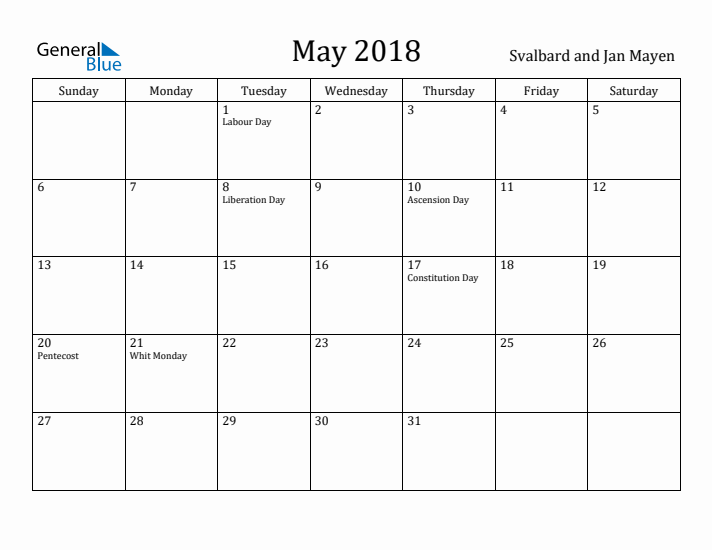 May 2018 Calendar Svalbard and Jan Mayen