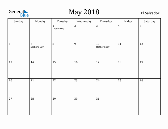 May 2018 Calendar El Salvador