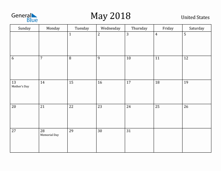 May 2018 Calendar United States