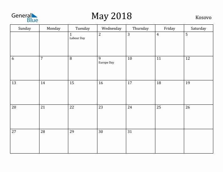 May 2018 Calendar Kosovo