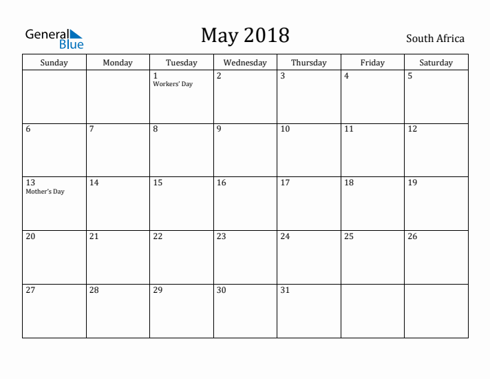 May 2018 Calendar South Africa
