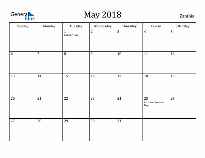 May 2018 Calendar Zambia