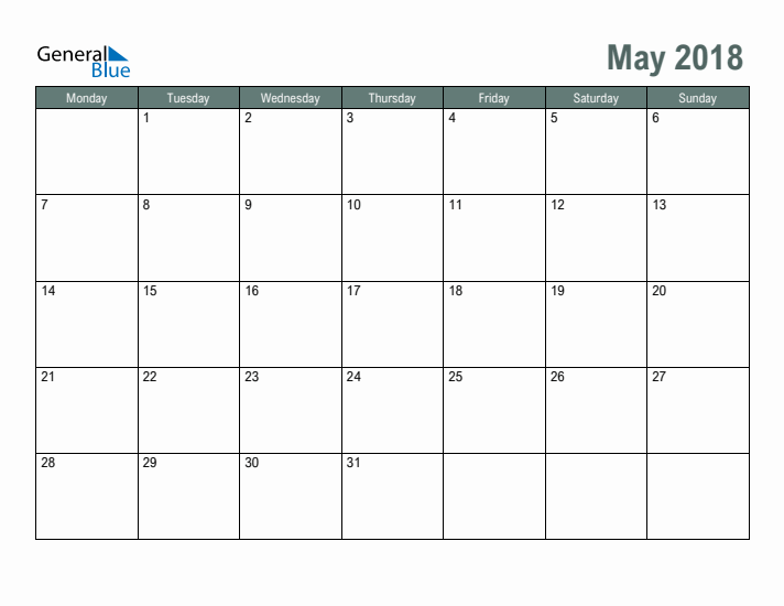 Free Printable May 2018 Calendar