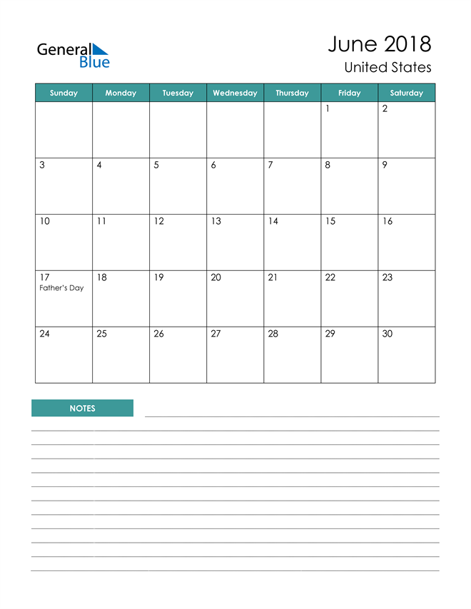 united states june 2018 calendar with holidays