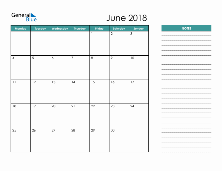 June 2018 Calendar with Notes