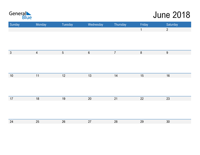  Fillable Calendar for June 2018