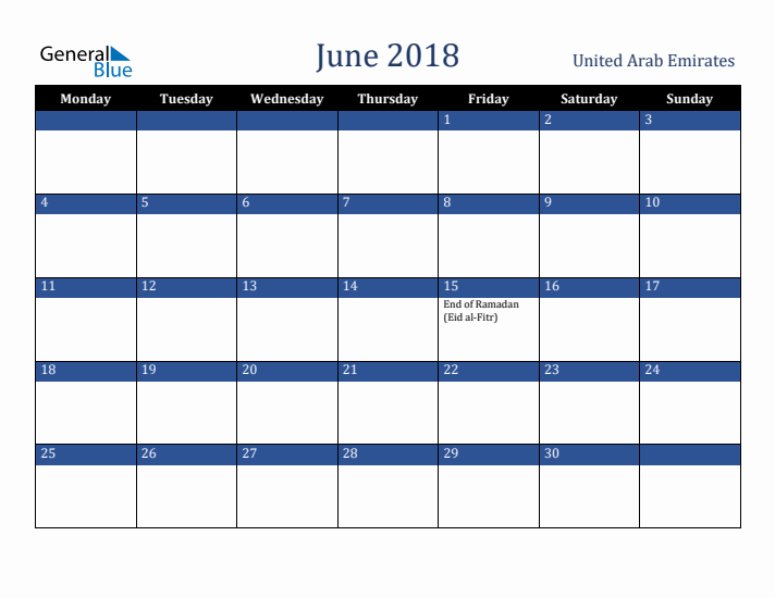 June 2018 United Arab Emirates Calendar (Monday Start)