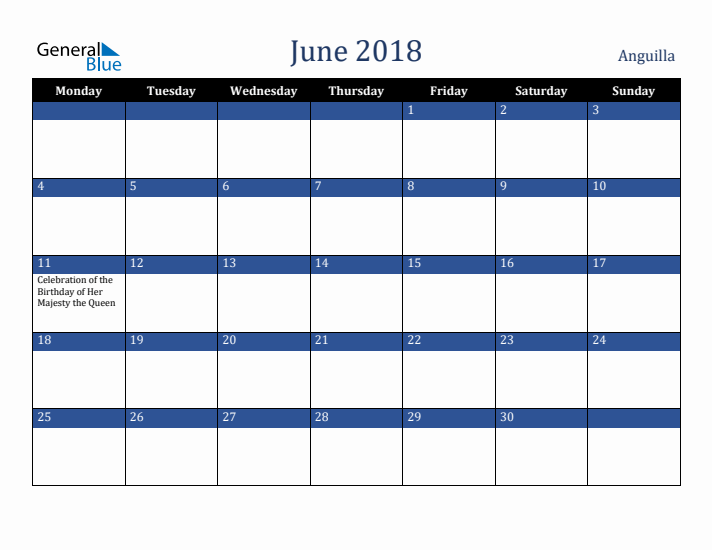 June 2018 Anguilla Calendar (Monday Start)
