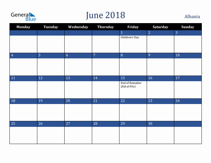 June 2018 Albania Calendar (Monday Start)