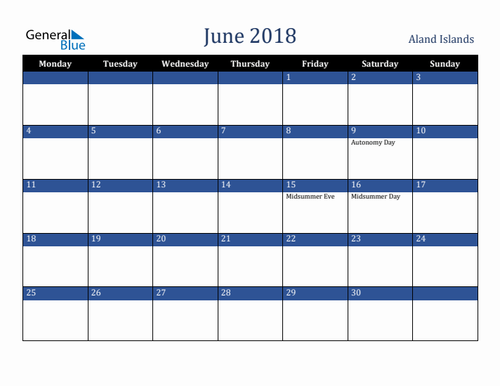 June 2018 Aland Islands Calendar (Monday Start)