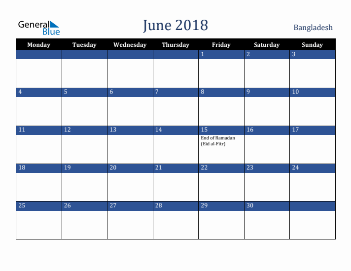 June 2018 Bangladesh Calendar (Monday Start)