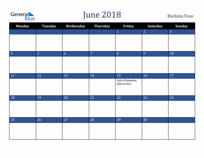 June 2018 Burkina Faso Calendar (Monday Start)
