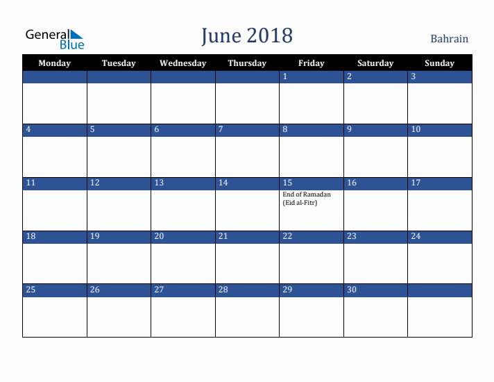 June 2018 Bahrain Calendar (Monday Start)