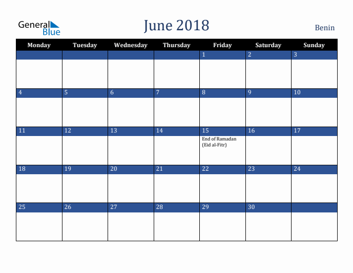 June 2018 Benin Calendar (Monday Start)