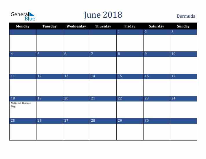 June 2018 Bermuda Calendar (Monday Start)