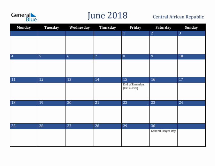 June 2018 Central African Republic Calendar (Monday Start)