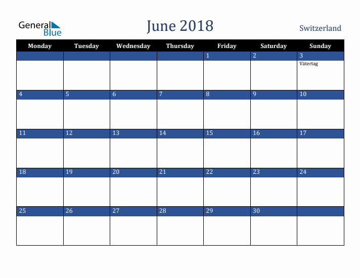 June 2018 Switzerland Calendar (Monday Start)