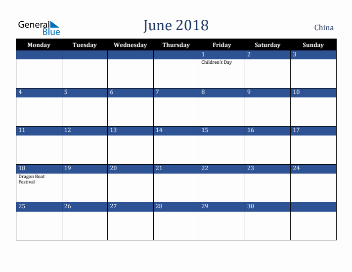 June 2018 China Calendar (Monday Start)