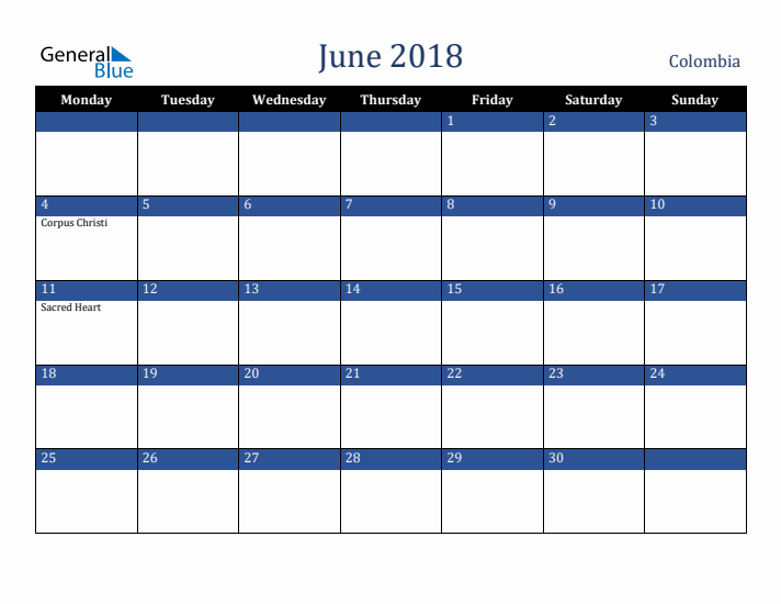 June 2018 Colombia Calendar (Monday Start)