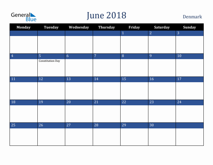 June 2018 Denmark Calendar (Monday Start)