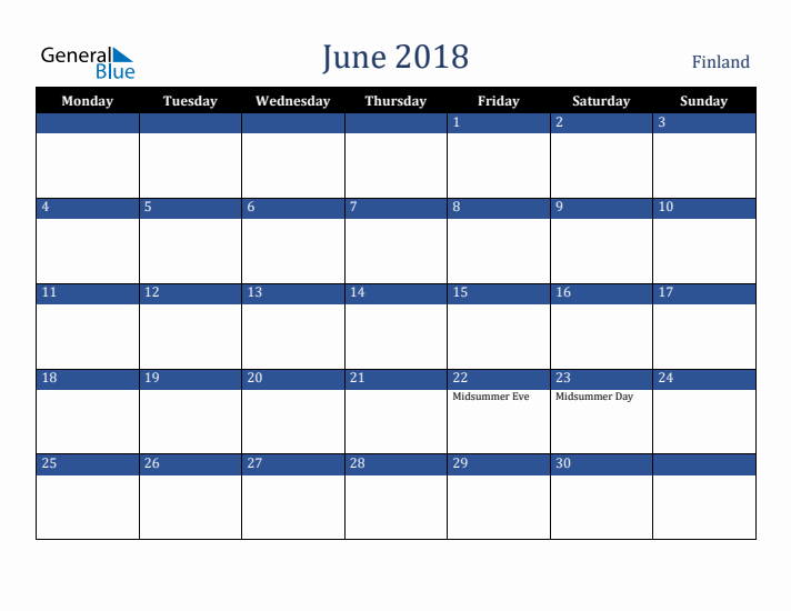 June 2018 Finland Calendar (Monday Start)