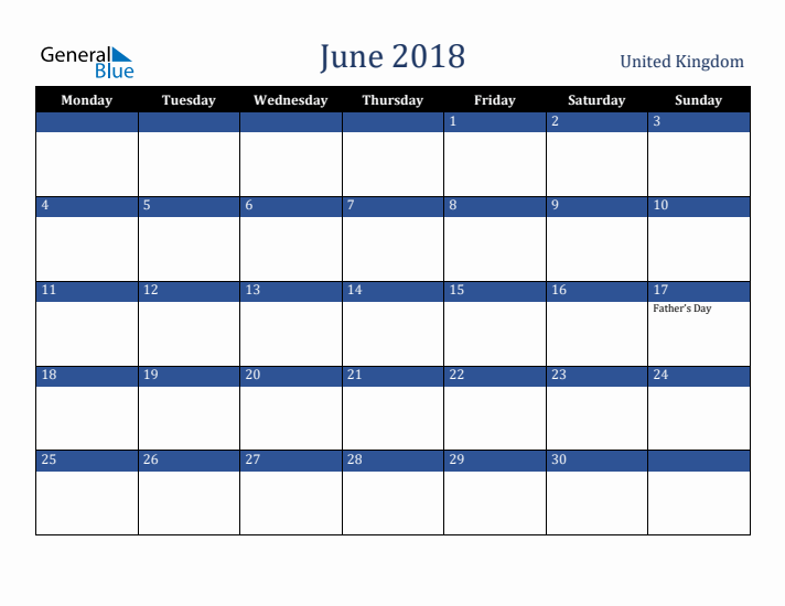 June 2018 United Kingdom Calendar (Monday Start)