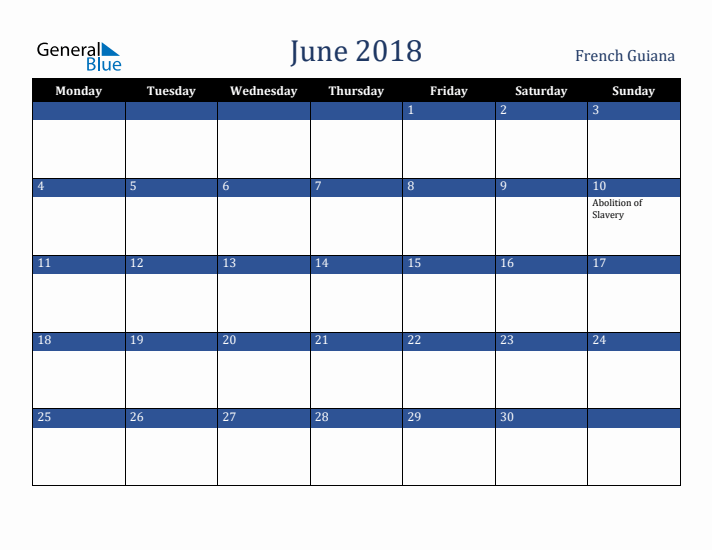 June 2018 French Guiana Calendar (Monday Start)