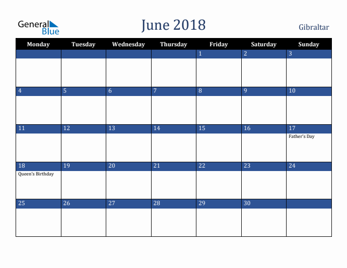 June 2018 Gibraltar Calendar (Monday Start)