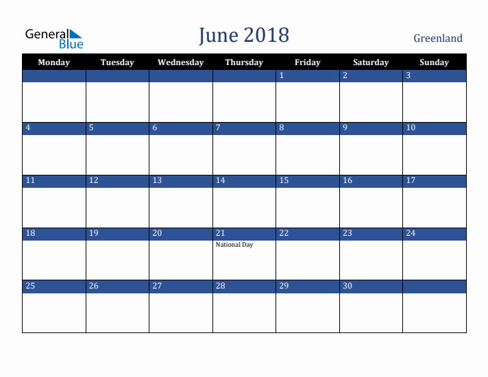 June 2018 Greenland Calendar (Monday Start)