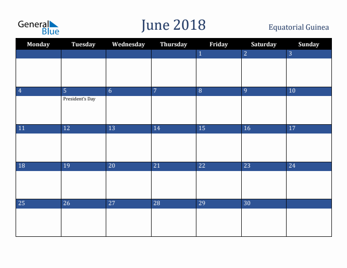June 2018 Equatorial Guinea Calendar (Monday Start)