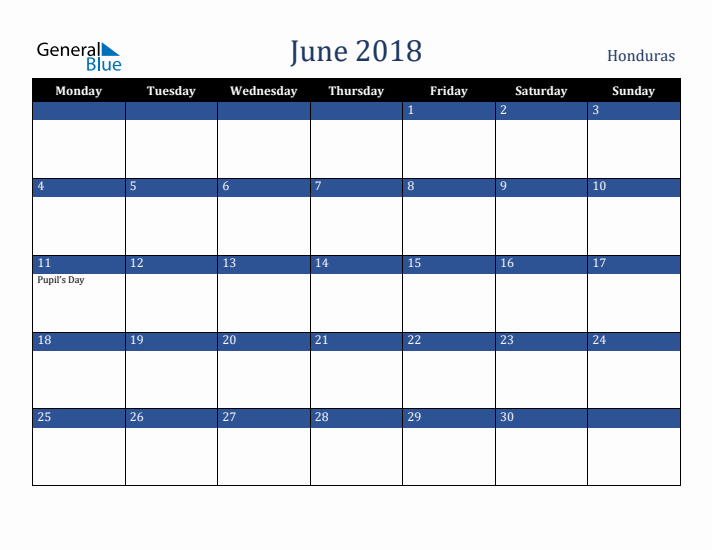June 2018 Honduras Calendar (Monday Start)
