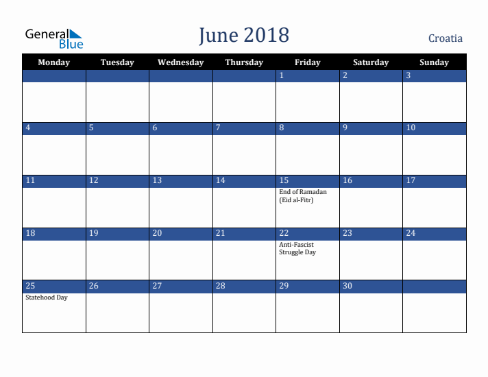 June 2018 Croatia Calendar (Monday Start)