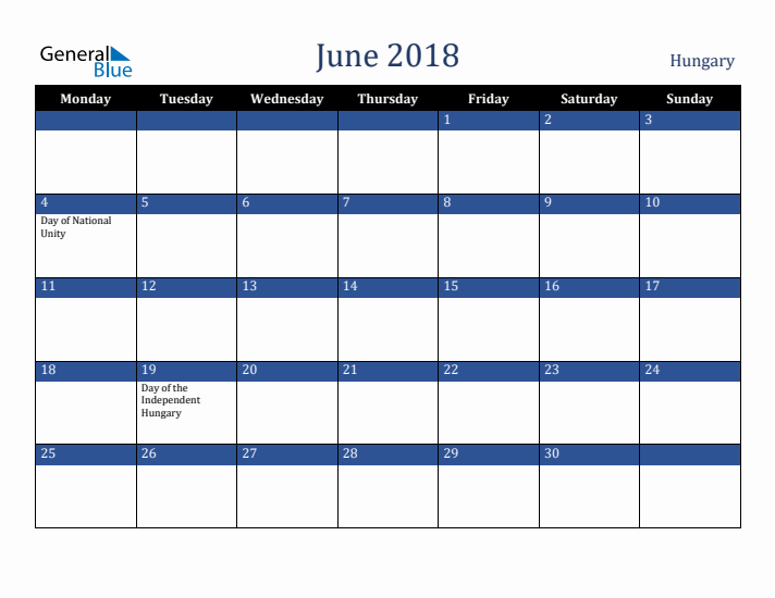 June 2018 Hungary Calendar (Monday Start)