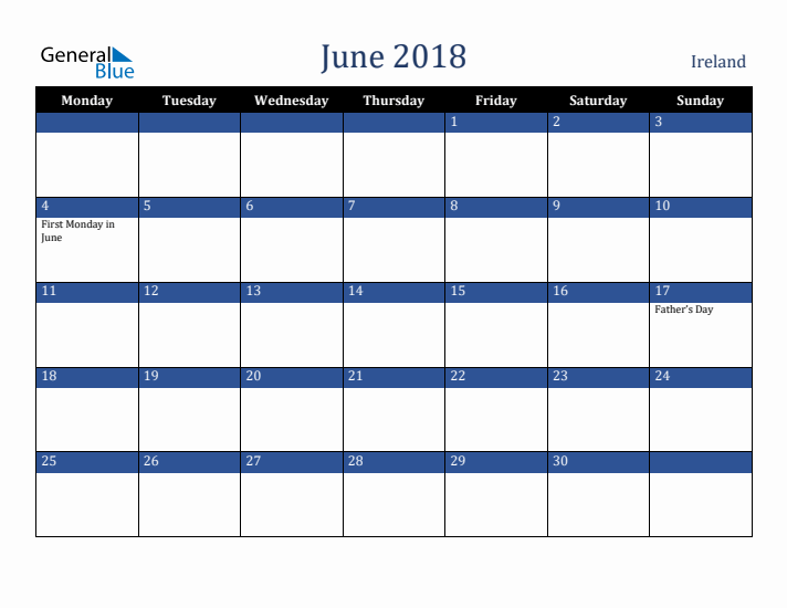 June 2018 Ireland Calendar (Monday Start)