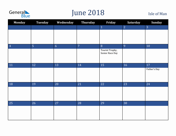 June 2018 Isle of Man Calendar (Monday Start)