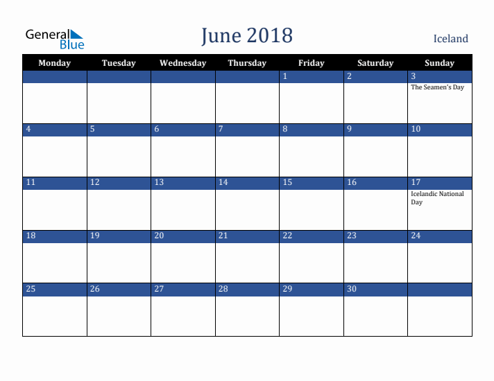 June 2018 Iceland Calendar (Monday Start)