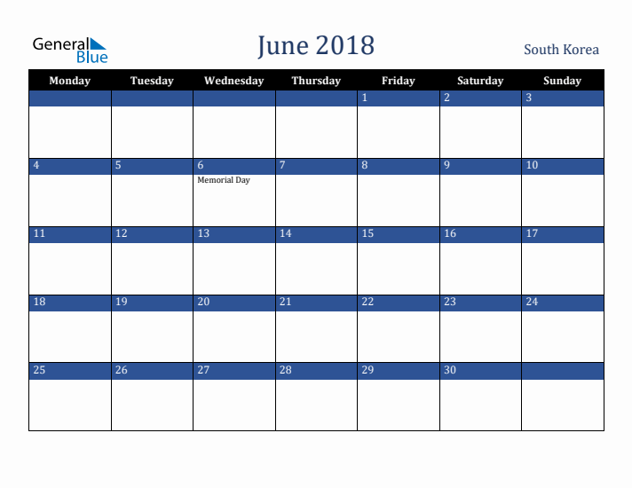 June 2018 South Korea Calendar (Monday Start)