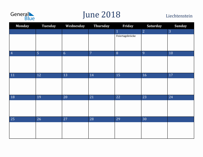 June 2018 Liechtenstein Calendar (Monday Start)