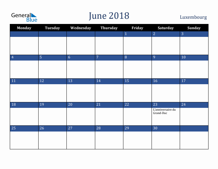 June 2018 Luxembourg Calendar (Monday Start)