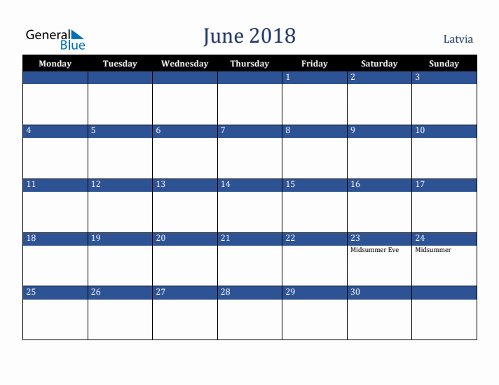 June 2018 Latvia Calendar (Monday Start)