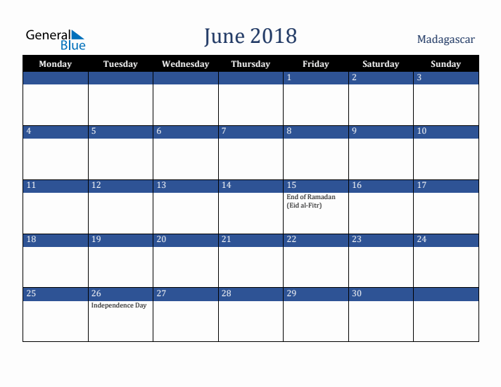 June 2018 Madagascar Calendar (Monday Start)