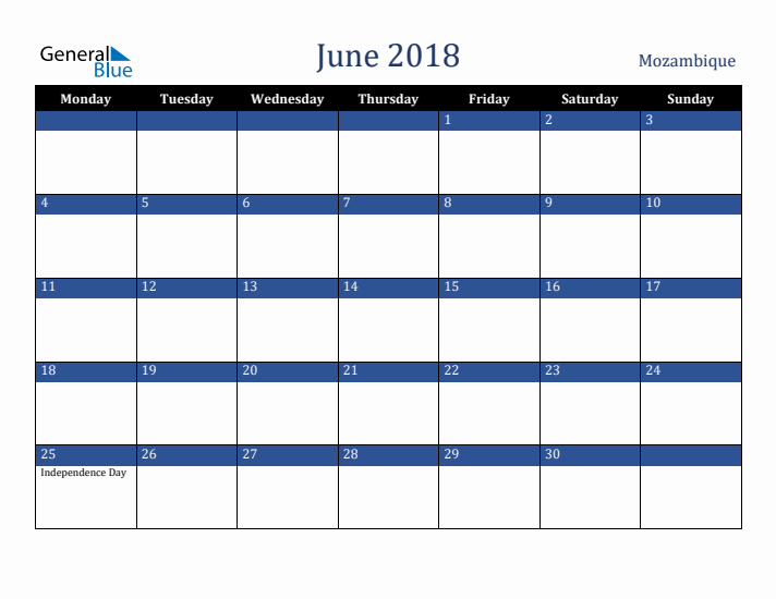 June 2018 Mozambique Calendar (Monday Start)
