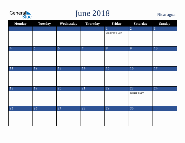 June 2018 Nicaragua Calendar (Monday Start)