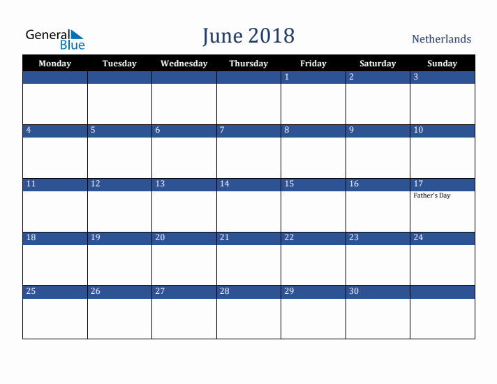 June 2018 The Netherlands Calendar (Monday Start)