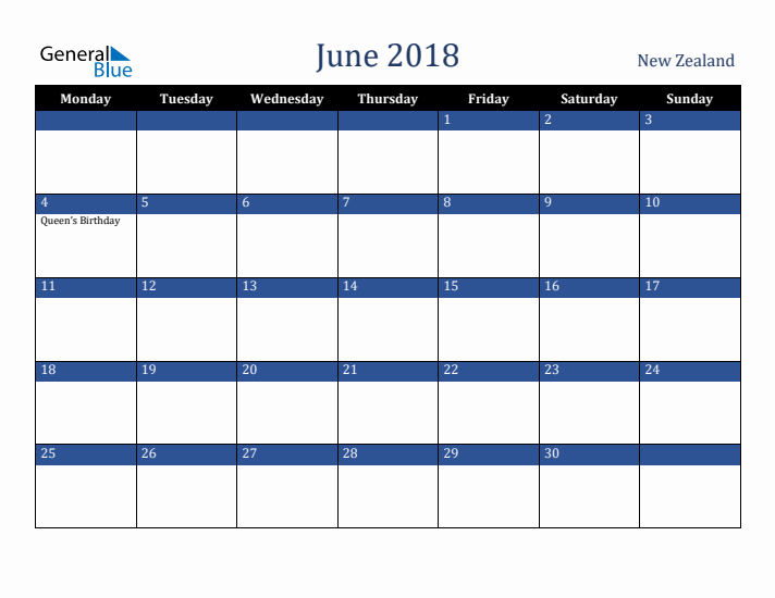June 2018 New Zealand Calendar (Monday Start)