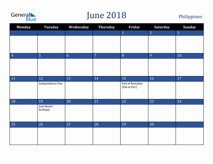 June 2018 Philippines Calendar (Monday Start)