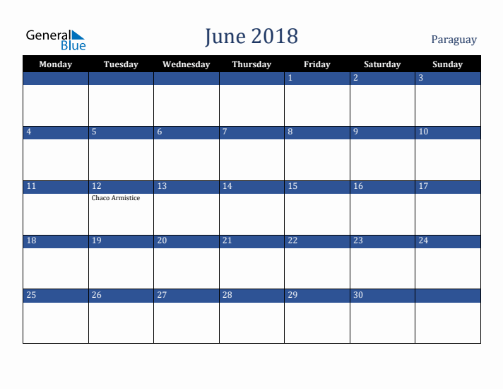 June 2018 Paraguay Calendar (Monday Start)