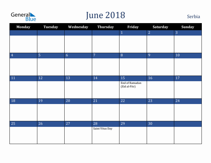 June 2018 Serbia Calendar (Monday Start)