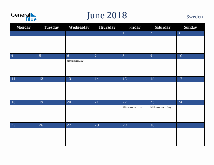 June 2018 Sweden Calendar (Monday Start)