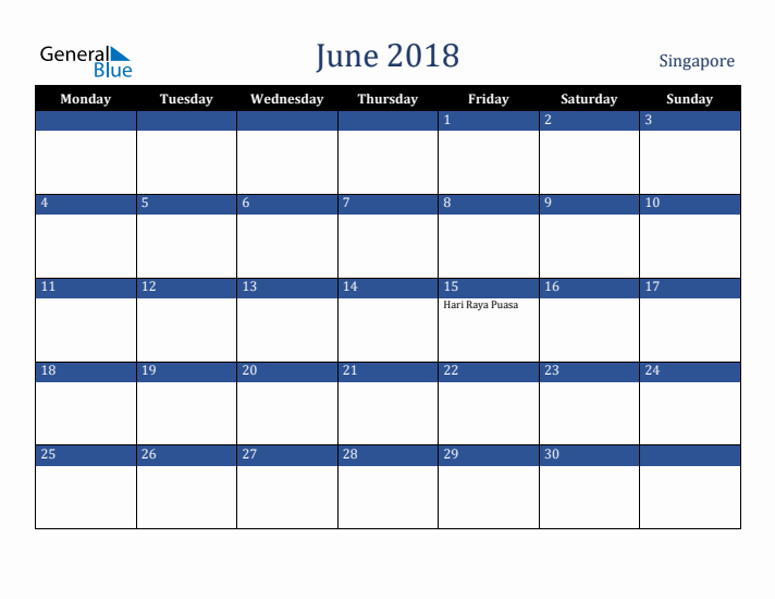 June 2018 Singapore Calendar (Monday Start)